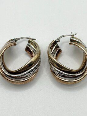 925 Sterling Silver & Gold-Tone Triple Band Textured Hoop Earrings